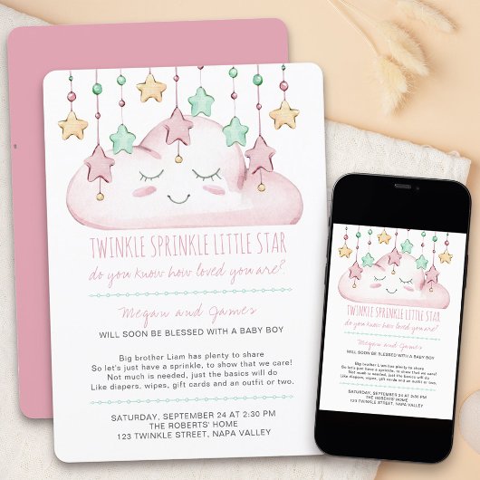 Invitation Twinkle Twinkle Stars et Cloud Girl Baby Sprinkle