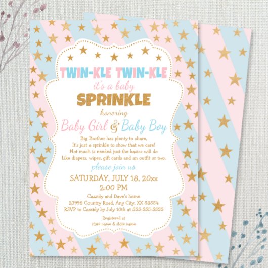 Invitation Twinkle Twins Baby Sprinkle, garçon et fille jumea