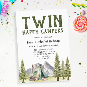 Invitation Twins 1er Anniversaire Happy Campers Rustic