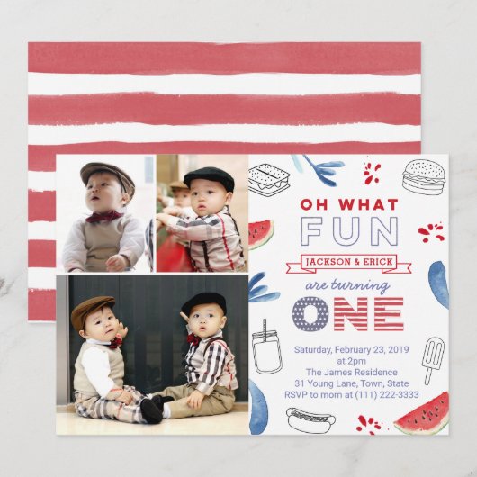 Invitation Twins All American 1st Birthday Multiples photos (Devant / Derrière)