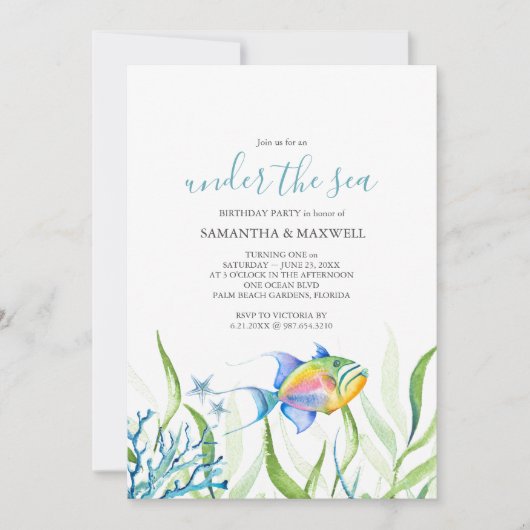 Invitation Twins Anniversaire Fête Cute Poisson Tropical (Devant)