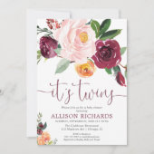 Invitation Twins automne baby shower floral, rose rousse rose (Devant)