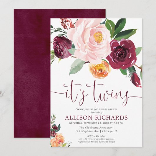 Invitation Twins automne baby shower floral, rose rousse rose (Devant / Derrière)
