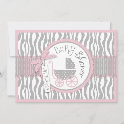 Invitation TWINS Baby Carriage, Zebra Print, Baby shower rose (Devant)