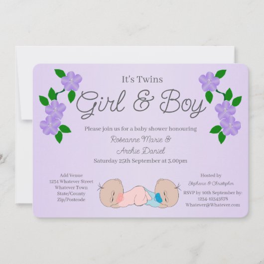 Invitation Twins Baby Girl Et Baby shower Garçon (Devant)