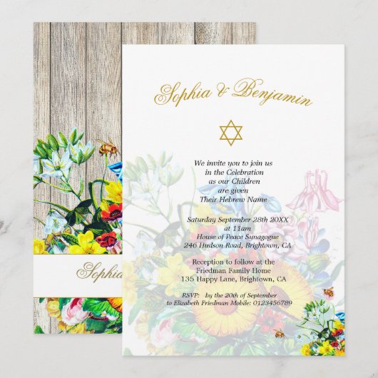 Invitation Twins Baby Naming Jewish Rustic Floral (Devant / Derrière)