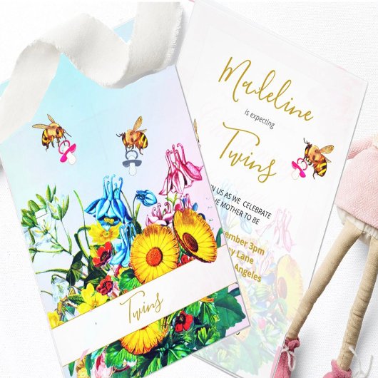 Invitation Twins Baby shower Blue Rose Floral Miel Bees