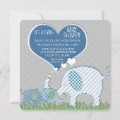 Invitation Twins Baby shower Coeur Eléphants gris bleu vert (Devant)
