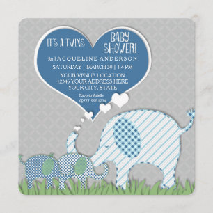 Invitation Twins Baby shower Coeur Eléphants gris bleu vert