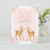 Invitation Twins Baby shower Girl Cerf Blush Rose Floral (Debout devant)