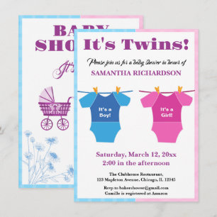 Invitation Twins Baby shower Party Girl Boy.