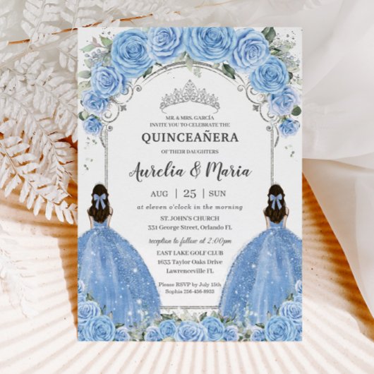 Invitation Twins Bahama Sky Blue Floral Silver Quinceañera