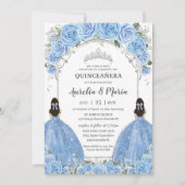Invitation Twins Bahama Sky Blue Floral Silver Quinceañera (Devant)