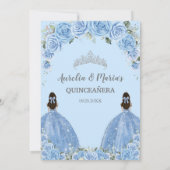 Invitation Twins Bahama Sky Blue Floral Silver Quinceañera (Dos)
