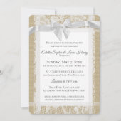 Invitation Twins Baptême White Bow Burlap et dentelle (Devant)