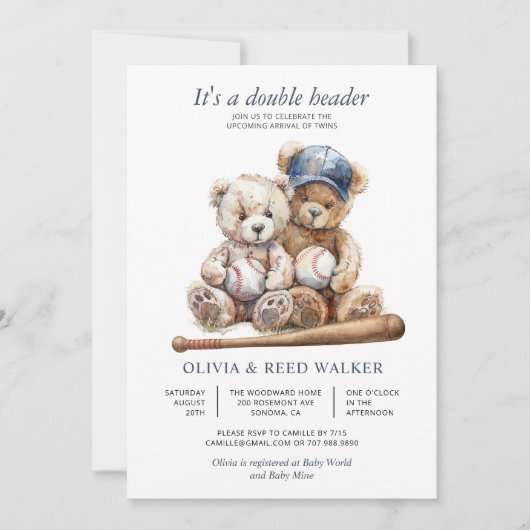 Invitation Twins Baseball Double Header Bear Baby Shower (Devant)