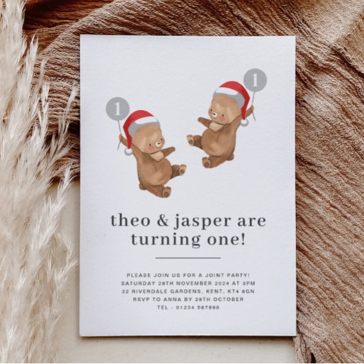 Invitation Twins Bear Balloon Santa Hat Premier anniversaire