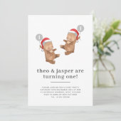 Invitation Twins Bear Balloon Santa Hat Premier anniversaire (Debout devant)