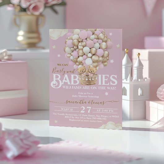 Invitation Twins Bear Balloons Bearly Wait Baby Girl Douche