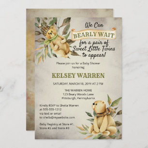 Invitation Twins Bearly Wait Woodland Teddy Bear Baby shower