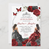 Invitation Twins Black et Rouge Bourgogne Floral Quinceañera (Devant)