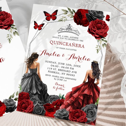 Invitation Twins Black et Rouge Bourgogne Floral Quinceañera