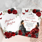 Invitation Twins Black et Rouge Bourgogne Floral Quinceañera