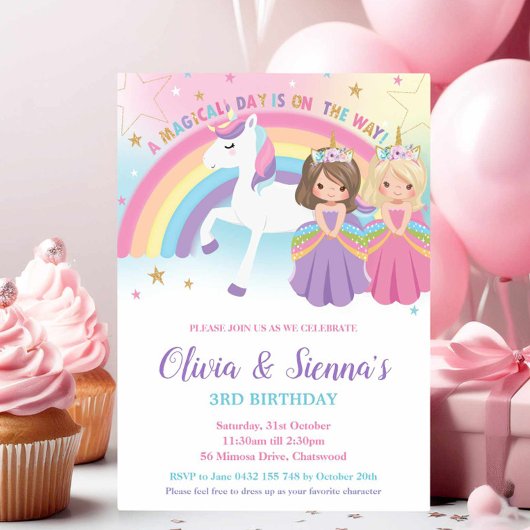 Invitation Twins Blonde Brunette Princesses Unicorne Annivers