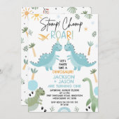 Invitation Twins Blue Green Party Comme un Dinosaure Annivers (Devant / Derrière)