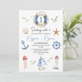 Invitation Twins Blue Nautical vole en un 1er anniversaire (Debout devant)