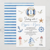 Invitation Twins Blue Nautical vole en un 1er anniversaire (Devant / Derrière)