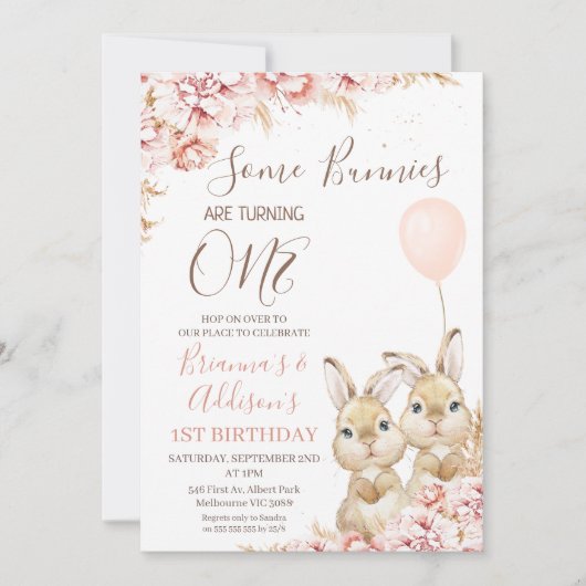 Invitation Twins Boho Floral Bunny Balloon 1er anniversaire (Devant)