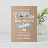 Invitation Twins Boy Cute Elephant Rustique Baby shower Kraft (Debout devant)