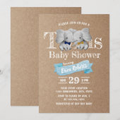 Invitation Twins Boy Cute Elephant Rustique Baby shower Kraft (Devant / Derrière)