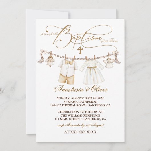 Invitation Twins Boy & Girl Baptism Christening Boho (Devant)