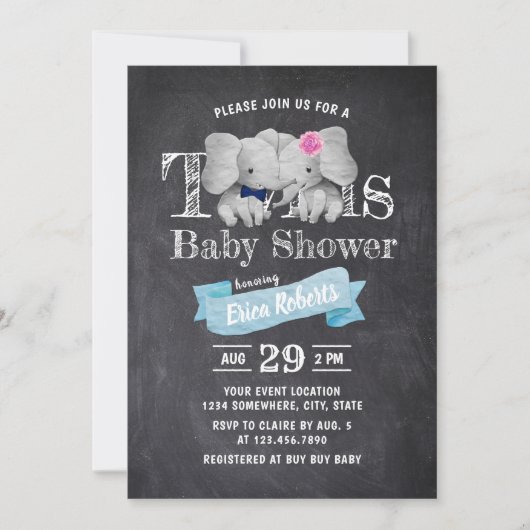 Invitation Twins Boy & Girl Cute Elephant Baby shower rustiqu (Devant)