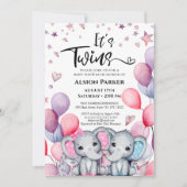 Invitation Twins Boy Girl Elephant Balloon mignon Baby shower (Devant)
