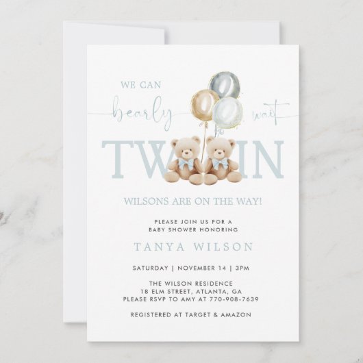 Invitation Twins Boy Teddy Bear Bearly Wait Baby shower (Devant)