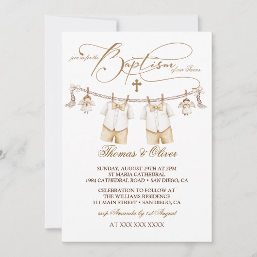 Invitation Twins Boys Baptême Christening (Devant)