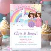 Invitation Twins Brunette Princesses et Unicorne Anniversaire