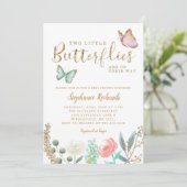 Invitation TWINS Butterfly Garden Baby shower Or (Debout devant)