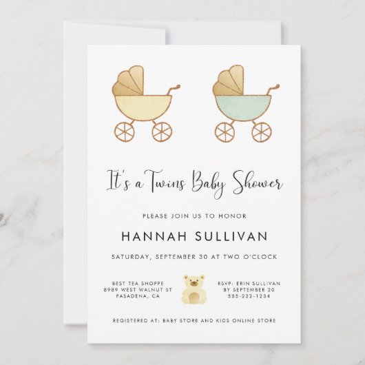 Invitation Twins Carriage Jaune Vert or Aquarelle Douche (Devant)