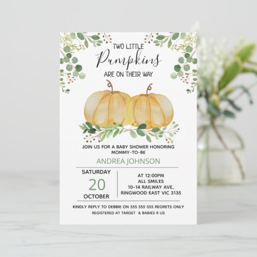 Invitation Twins Citrouille Green Foliage Baby shower Invitat (Debout devant)