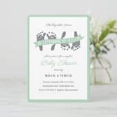 Invitation Twins Couples Douche Vert Baby shower gris (Debout devant)