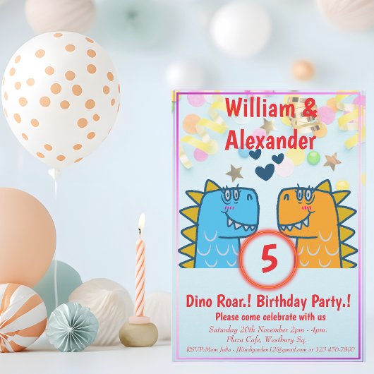 Invitation Twins Dino Roar fête d'anniversaire