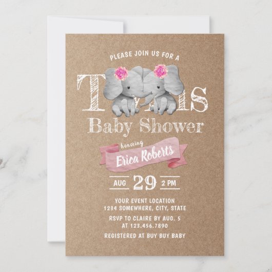 Invitation Twins Elephant Rustic Kraft Girl Baby shower (Devant)