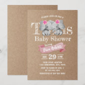 Invitation Twins Elephant Rustic Kraft Girl Baby shower (Devant / Derrière)