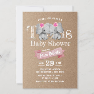 Invitation Twins Elephant Rustic Kraft Girl Baby shower