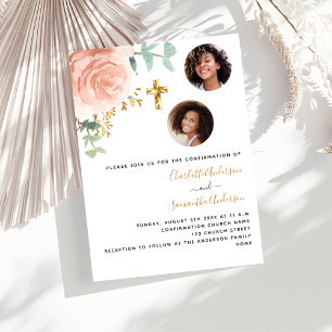 Invitation Twins filles rose floral photo luxe Confirmation