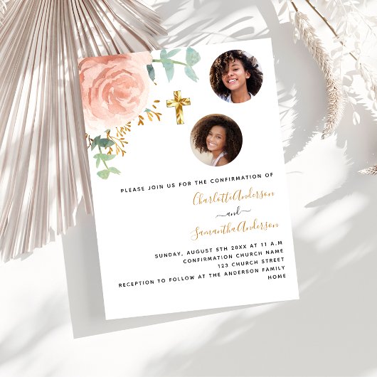 Invitation Twins filles rose floral photo luxe Confirmation